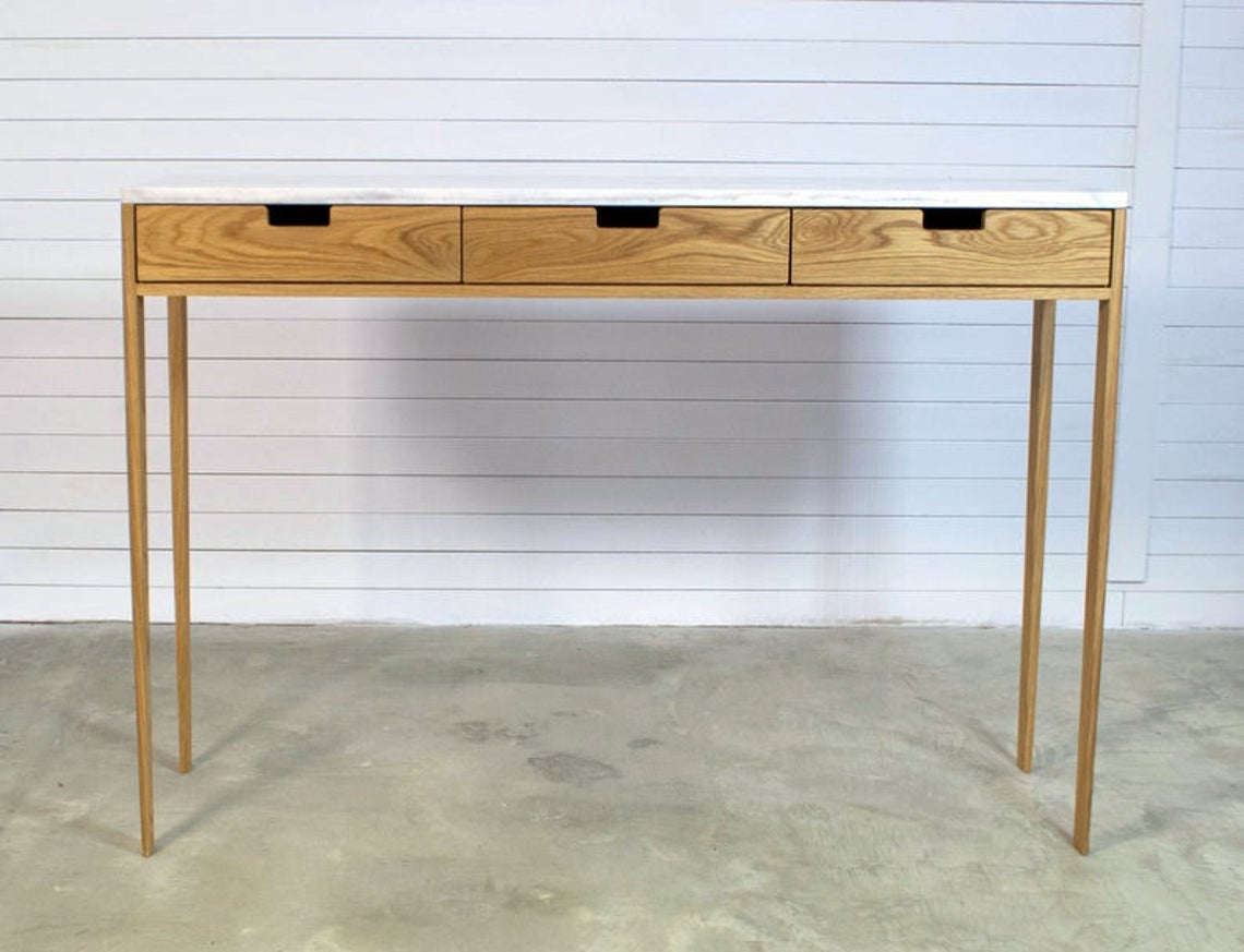 Entry Console Table in Oak solid Wood and Marble Top