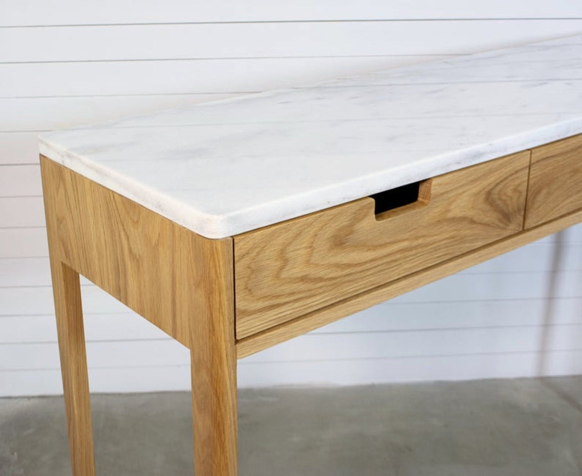 Entry Console Table in Oak solid Wood and Marble Top