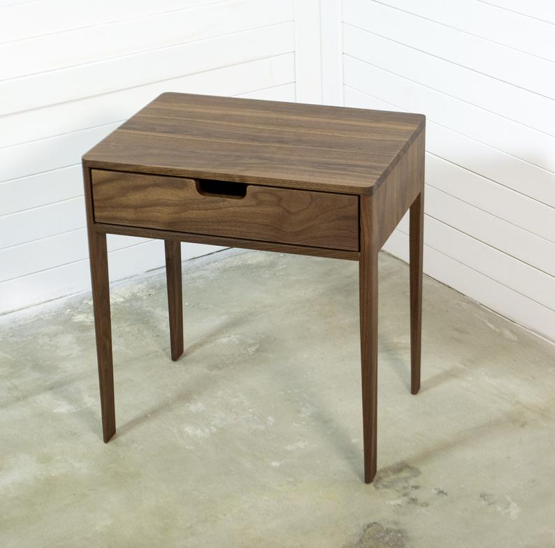 Nightstand in Solid Walnut/Oak Wood, Bedside Table with Drawer