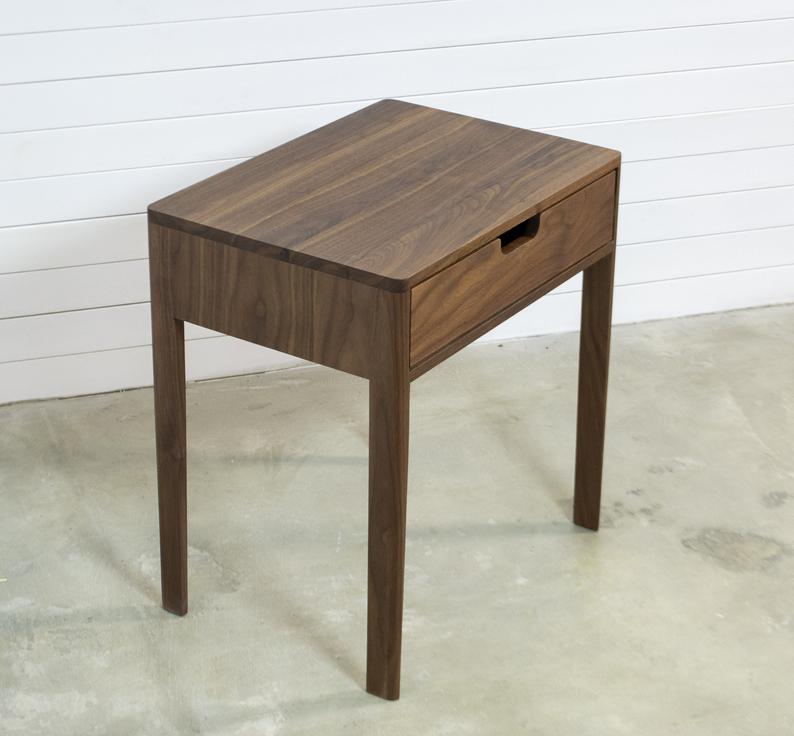 Nightstand in Solid Walnut/Oak Wood, Bedside Table with Drawer