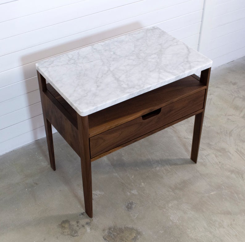 Bedside table in solid Walnut Wood and Marble Top, Scandinavian furniture