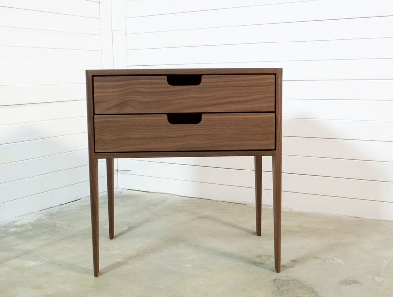 Nightstand in Solid Walnut/Oak Wood, Bedside Table with two Drawers