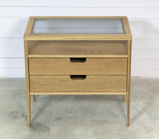 Nightstand in Solid Oak or Walnut Wood and Smoked Glass Top