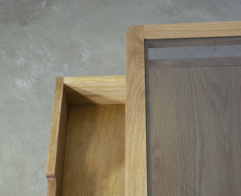 Nightstand in Solid Oak or Walnut Wood and Smoked Glass Top