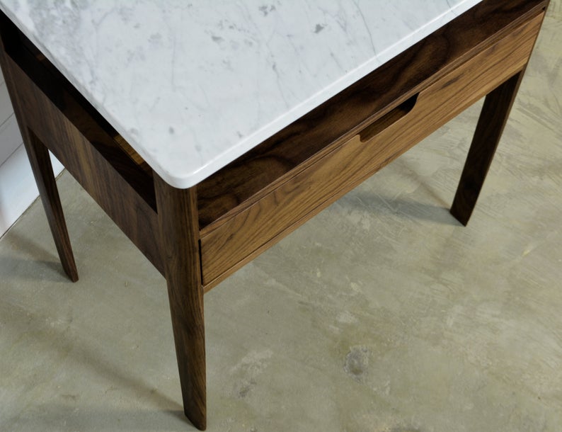 Bedside table in solid Walnut Wood and Marble Top, Scandinavian furniture