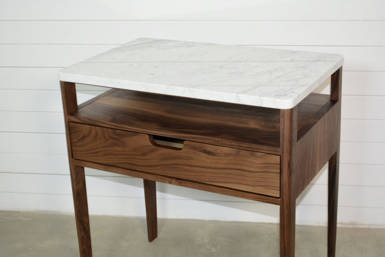 Bedside table in solid Walnut Wood and Marble Top, Scandinavian furniture