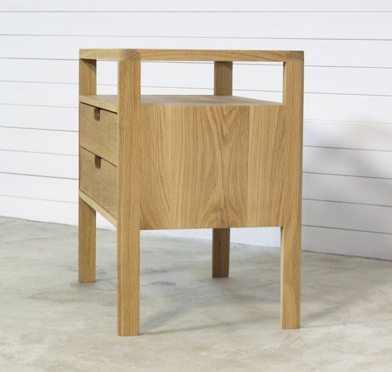 Nightstand in Solid Oak or Walnut Wood and Smoked Glass Top