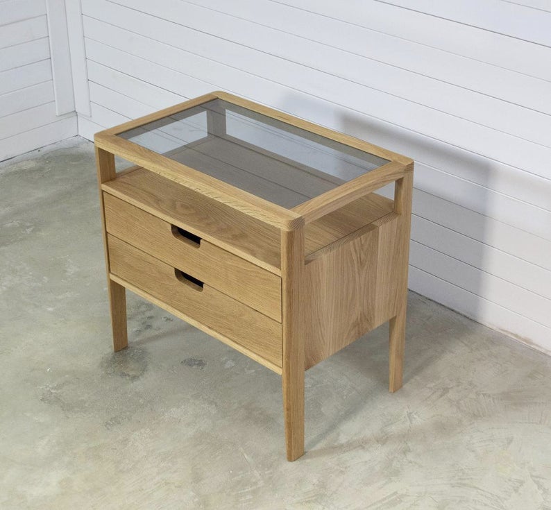 Nightstand in Solid Oak or Walnut Wood and Smoked Glass Top