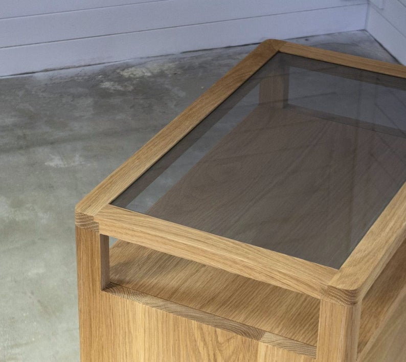 Nightstand in Solid Oak or Walnut Wood and Smoked Glass Top