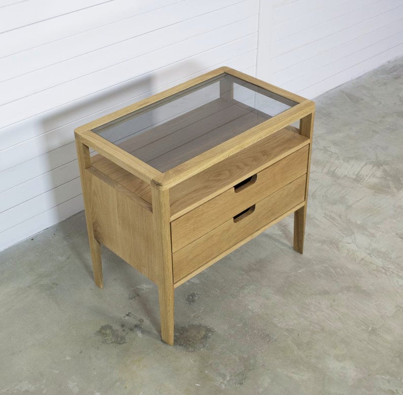 Nightstand in Solid Oak or Walnut Wood and Smoked Glass Top