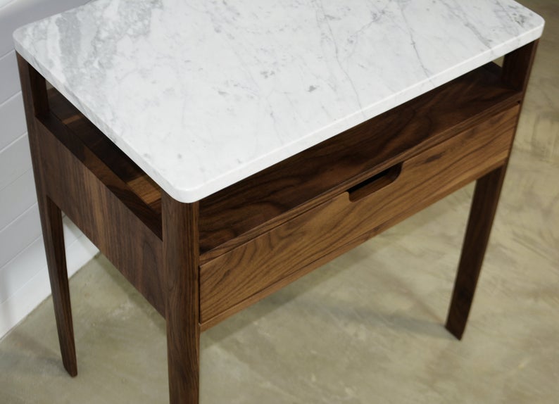 Bedside table in solid Walnut Wood and Marble Top, Scandinavian furniture