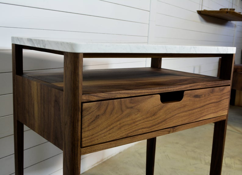 Bedside table in solid Walnut Wood and Marble Top, Scandinavian furniture