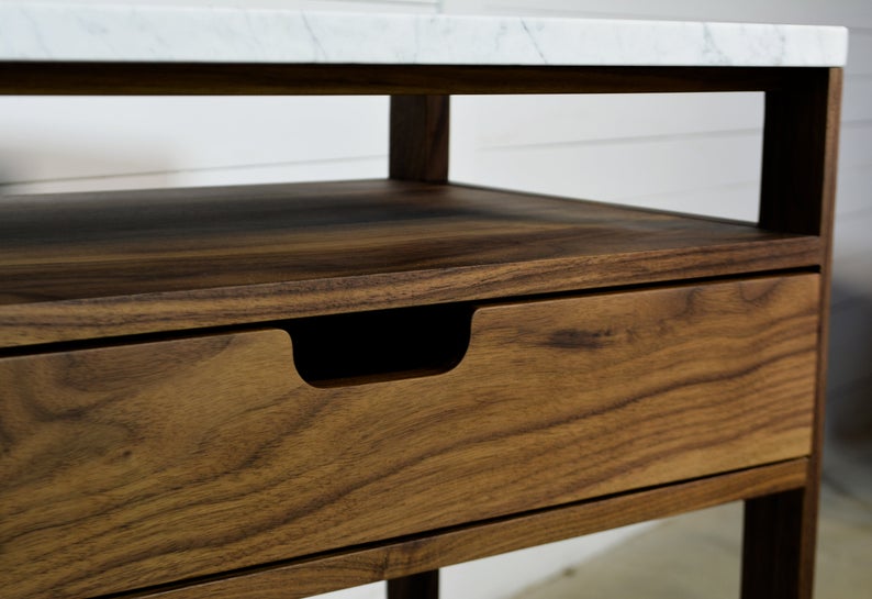Bedside table in solid Walnut Wood and Marble Top, Scandinavian furniture